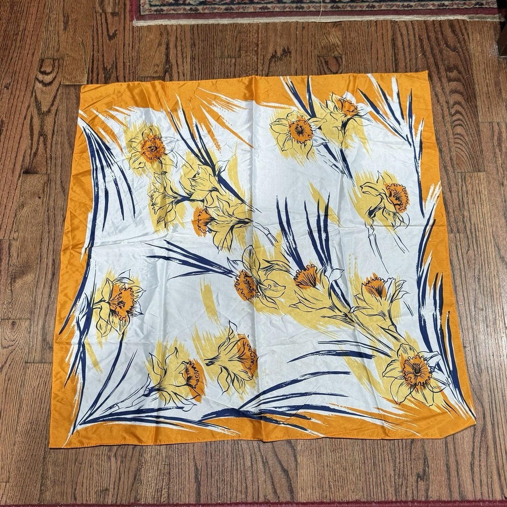 Vintage Floral Scarf Rayon Orange Yellow‎ White Blue 31 in Sq. Very Nice